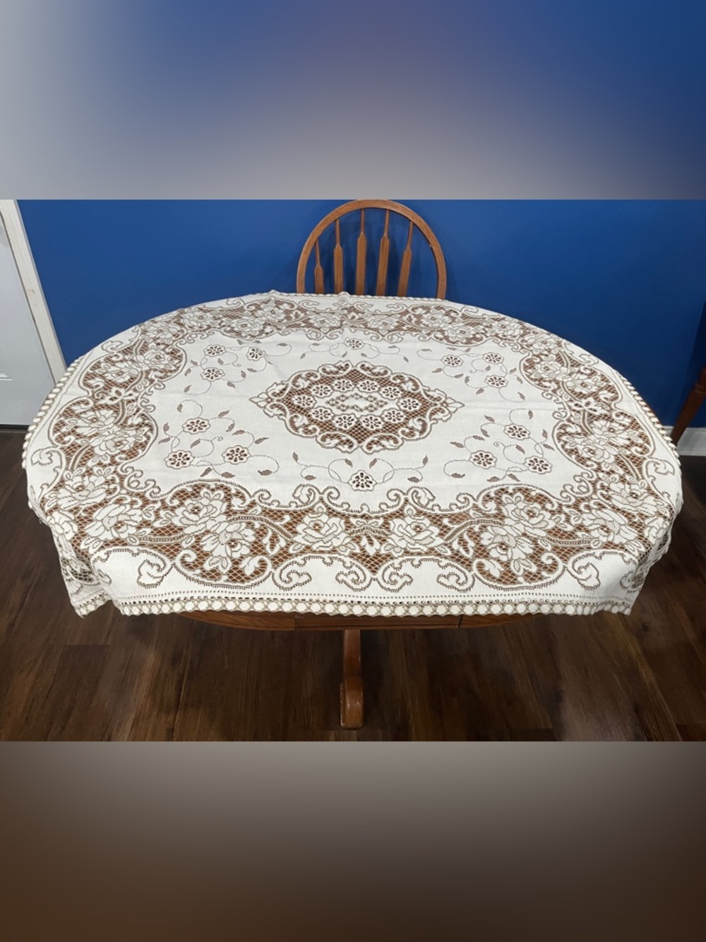 Vintage Nottingham lace tablecloth Antique White & Sage Floral